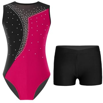TTAO Kinder Mädchen Ärmellos Gymnastikanzug mit Strassstein Training Leotard mit Shorts Turn Set Gymnastik Training Dancewear Gymnastikbody