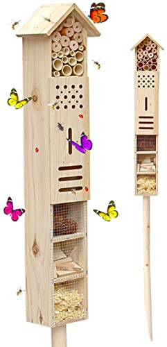 Insektenhotel mit Erdspieß, als Nisthilfe für Nützlinge, Garten, groß, stehend, Bienenhotel Wildbienen, Holz, 160 cm hoch, Natur