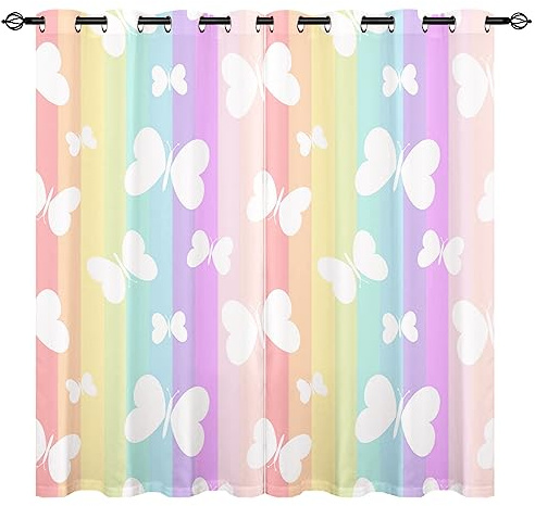 YUANZU Schmetterling Vorhänge Mädchen Regenbogen Streifen Ösen Gardinen mit Blickdichte Vorhang Kälteschutz Blackout Curtain Mädchenzimmer Schlafzimmer Verdunkelung Fenster, 2 Stück, H 175 x B 140 cm