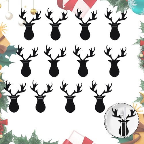 Abnaok 12 Stück Bestecktasche Weihnachten, Elchkopf Besteckhalter Weihnachten Filz, Bestecktaschen für Besteck, Messer, Gabeln, Löffel Tischdeko Weihnachten