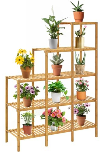 TANGZON 5-Tier Bamboo Plant Stand, Freestanding Potted Flower Holder with Slatted Shelves & Raised Legs, Plant Organizer Display Rack for Home Living Room Garden Patio Balcony, Natural