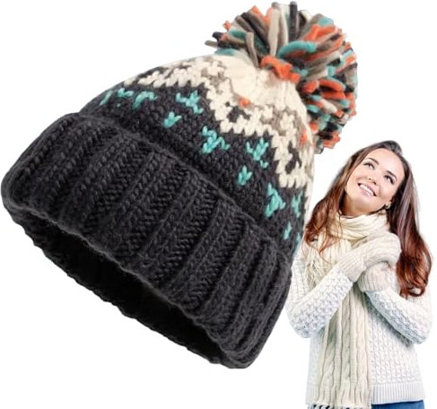 Tedious Bunte Mütze mit Bommel, Wintermütze mit Bommel,Bommelmütze | Weiche Mütze für Damen und Mädchen, warme Schneemütze für kaltes Wetter, hält Kopf und Ohren stilvoll warm