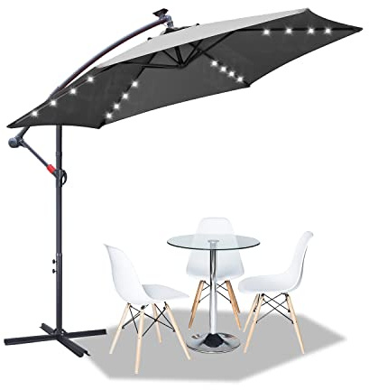 Tubiaz Sonnenschirm 300cm Groß Ampelschirm LED Solar Inkl. Alu Kurbelschirm mit Ständer UV-Schutz Parasol Wasserdicht Gartenschirm Marktschirm für Balkon, Garten, Terrasse,Grau
