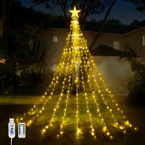WoskjXas Weihnachtsbaum Lichter Wasserfall, 9 Stücke 2M 198LEDs USB Weihnachten Stern Topper Licht mit Fernbedienung, 8 Modi Weihnachten Dekoration Stern Licht-Wasserdicht für Christmas
