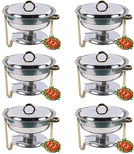 3,5 l Chafing Dish-Buffet-Set, rundes Chafing Dish aus Edelstahl in voller Größe zum Abendessen, Servieren, Buffet, Wärmer-Tablett-Set mit goldenen Akzenten für Catering-Bankette (6 Stück)