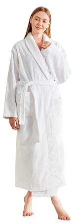 Serenhom Women’s Plush Soft Fleece Robe – Fluffy Warm Jacquard Bathrobe, Cozy Loungewear for Spa, Sleep, and Relaxation, White, Medium