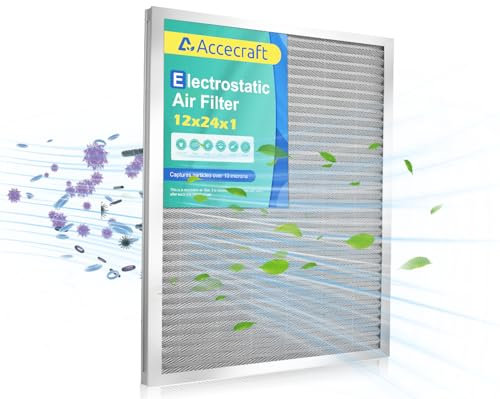 Accecraft 12x24x1 Electrostatic Air Filter, Washable & Reusable Aluminum AC/HVAC Furnace Filter, MERV 8, Lasts a Lifetime, Healthier Home or Office(Actual Size: 11.69x23.38x0.86)
