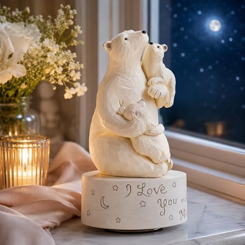 AIDLNS Polar Bear Family Music Box Figurine, “I Love You to the Moon and Back” Keepsake Decor, Hand-Painted Collectible Sculpture, Plays “You are My Sunshine”, Cozy Home Accent Gift for Mom Dad Kids