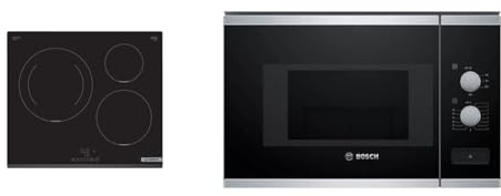 Bosch PUJ631BB5E TouchSelect - Encimera inducción encastrable, 60 cm, 3 zonas, zona de 28 cm, Ser. Círculo, Bisel delantero, negro & Microondas Integrable, Serie 4, 20 litros, 800 W, Negro, BFL520MS0.