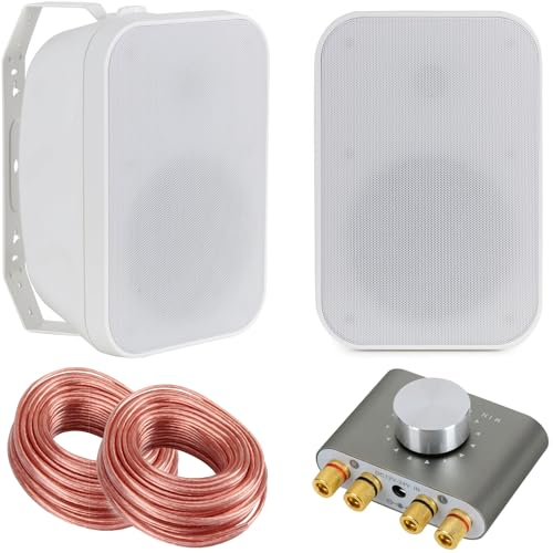 McGrey OLS-651WH Altavoces HiFi Outdoor de Dos Vías - 60 Vatios - Blanco - con Set Bluetooth - Incluye Mini Amplificador HiFi y Cable de Altavoz