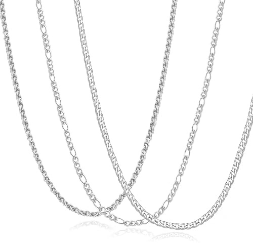 JEMARA 3PCS Silver Chains for Men Women Silver Chain Necklace for Men 316L Stainless Steel Cuban Link Chain/Figaro Chain Sets Mens Jewelry Gifts（18/20/22 inches