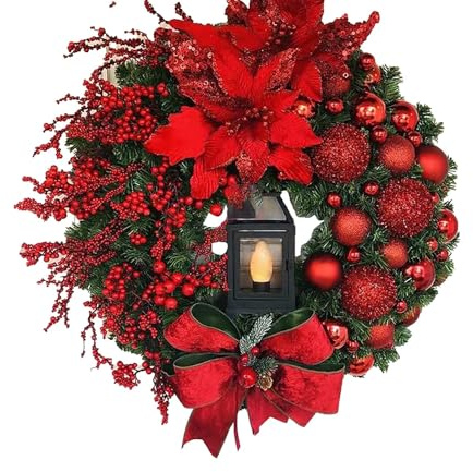 Künstlicher Weihnachtskranz für Tür Weihnachten Weihnachtskranz - Türkranz Weihnachten Außen Adventsgestecke Weihnachts-Kranz Weihnachts-Kranz mit Beleuchtung für Haustür Outdoor (B, One Size)