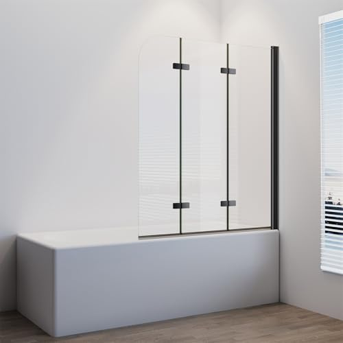 IMPTS Duschwand für Badewanne 140x140 cm, Schwarz Duschabtrennung Duschtrennwand Faltbar 3 teilig Badewannenaufsatz Glas mit 6mm Nano ESG klarglas 180° Schwingen