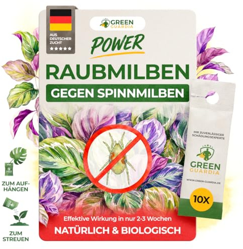 GREEN GUARDIA Power Raubmilben gegen Spinnmilben – 10 Tüten - Biologisches Mittel zur effektiven Spinnmilben Bekämpfung für Zimmer- & Zierpflanzen sowie Canna. – chemiefreie Mittel