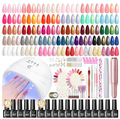 PEACECOLOR 65Pcs Gel Nägel Set mit Lampe, 35 Farben UV Nagellack Set Klassisch Rot Weiß Lila Blau Funkeln und Fräser für Gel Nagelset Starterset Base und Top Coat Nägel Selber Machen Nagelstudio Set