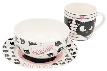 Ralf Schmitz frukostset – Hildegard katt porslin set 3-delad tallrik, skål och kopp porslin vit