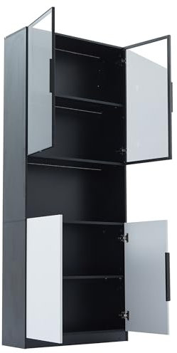 infirack Moderne Vitrine mit Glastüren, Vitrine mit LED-Leuchten, Bücherregal für Sammlerstücke, einstellbare Farbtemperatur und Helligkeit, weiße Türen mit schwarzer Dekoration, 80 * 30 * 200cm