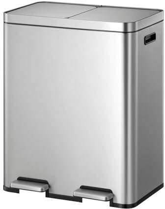 EKO Edison Dual Compartments Kitchen Bin for Recycling and waste, 2x30 Litre Rubbish Bin with Dual Removable Inner Buckets, Independent Metal Lids and Pedals, Matte Stainless Steel