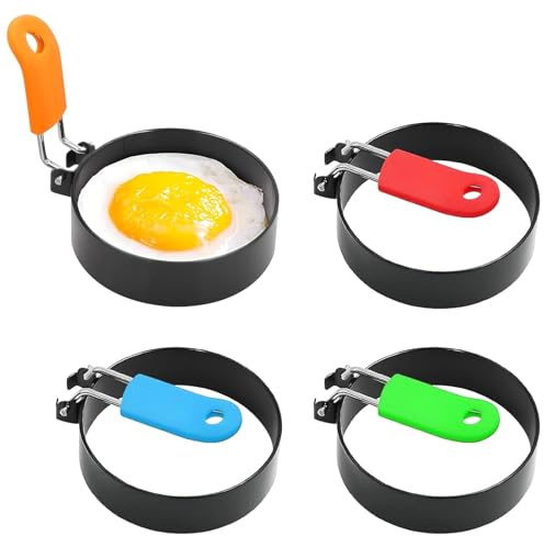 4-Pack Stainless Steel Egg Rings | Anti-Scald Folding Handle Egg Moulds | Non-Stick Coating for Perfect Eggs, Pancakes & Mini Burgers