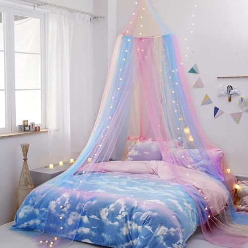 PORFOYO Ciel de Lit, Moustiquaire Lit, Ciel de Lit Princesse Arc-en-Ciel Grande Moustiquaire, Lit pour Adulte Fille Bebe Enfant, Facile à Installer, Protection Fiable Contre Les Insectes et Baldaqui