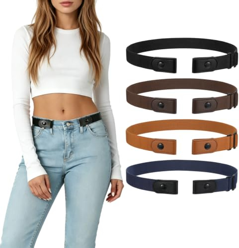 LEACOOLKEY 4 Stück ohne Schnalle Elastischer Stretch Gürtel für Damen Unsichtbarer Justierbarer Keine Schnalle Gürtel für Jeans Hosen
