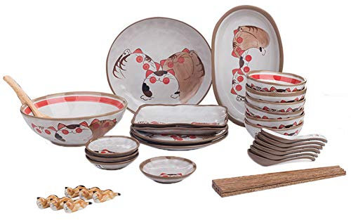 WOTZOV Service de Table Japonais Fait à la Main en céramique avec Motif de Chat, Emballage Cadeau