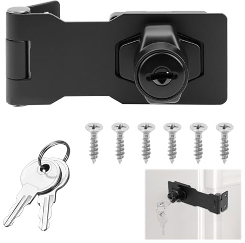 3 Inch Keyed Hasp Lock Right Angle, Heavy Duty Shed Lock Door Lock Small Hasp and Staple with Padlock Keys Twist Knob Locking Hasps for Cupboard Wardrobe Drawer Cabinet Wooden Gate (Black）
