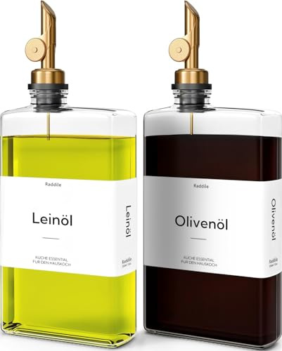 2 Stück Ölflasche, Essig und Ölflaschen Set mit ausgießer, Olivenöl Flasche mit 40 Aufkleber, Trichter, 350ml Glas Ölspender für Kochen, Salat und Grillen (Klare Flasche +Goldene Pumpe, 350ml)