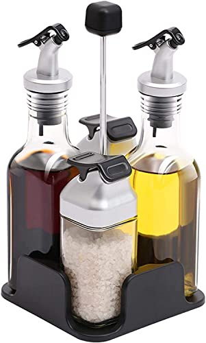 Juego de dispensador de vinagre y aceite, 5 botellas de vidrio con tapas de acero inoxidable, juego de condimentos de cocina para sal y pimienta, herramientas esenciales de cocina