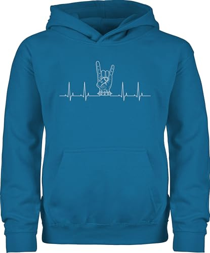 Shirtracer - Kinder Hoodie Jungen Mädchen - & - Herzschlag Heavy Metal Handzeichen Pommesgabel I Metalfan Geschenk Metal Head I Rockiges Geschenk Rocker I Rock Fan