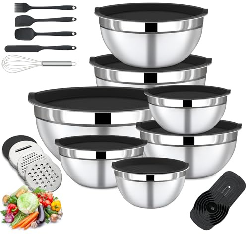 BEWOS Set de 7 Ensaladeras con Tapa - Boles Cocina de Acero Inoxidable con Rallador, Ensaladera Aptas para Lavavajillas, Medidas 0,74, 1,16, 1,59, 2,00, 2,75, 3,38, 4,54 QT para Mezclar y Servir
