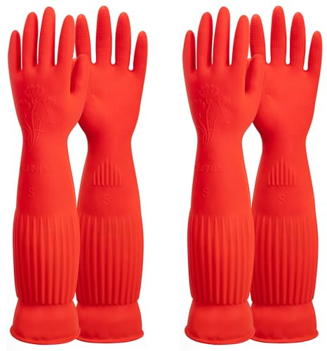 ThxToms 2 Pairs Washing Up Gloves with Cotton Lined, Rubber Gloves Small | Extra Long Cuffs for Kitchen, Reusable Waterproof Dishwashing Gloves, Household Cleaning, Gardening & Car Wash