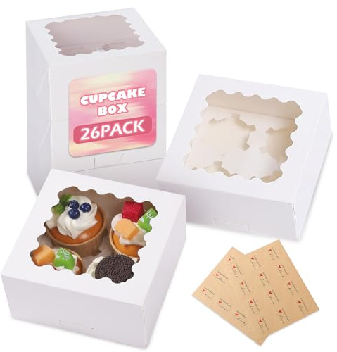 pupuluck 26 Pcs Cupcake Boxes 4 Hole with Window, Dessert Cup Cake Boxes | 15.2x15.2x7.5cm, Thick paper, No folding required, Include multifunction inserts, for donuts chocolate cake dessert