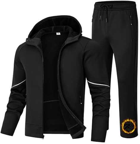 BGOWATU Men's Fleece Lined Tracksuits Set Winter Jacket Hoodie Sweatsuit Running Sport Pants Outfits for Men with Pockets Black M