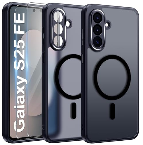 Opkiegrn Magnetica Cover per Samsung Galaxy S25 FE con 2 Pezzi Vetro Temperato,Compatibile con Mag Safe,[Antiurto Grado Militare] Traslucida Posteriore Sottile Antiurto Protettiva Case,Nero