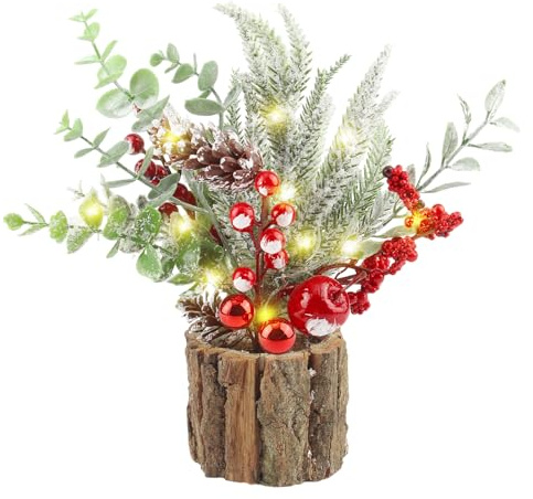 CYIOU Mini Kleiner Weihnachtsbaum Tisch 30cm Künstlicher Weihnachtsbaum Klein mit Weihnachtsschmuck Tannenzapfen Roten Beere Schneeflocken Kleine Weihnachtsbäume für Desktop Christbaum Deko