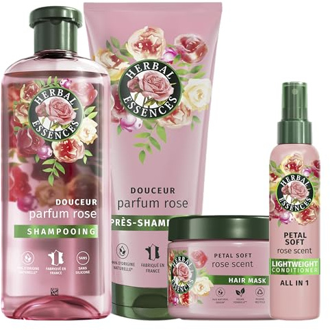 Herbal Essences Routine Douceur Parfum Rose Avec Shampoing 250ml, Après-Shampoing 200ml, Masque 500ml Et Spray Léger Tout-En-Un 145ml, Aide à Rendre les Cheveux Secs Soyeux. Essence de Rose