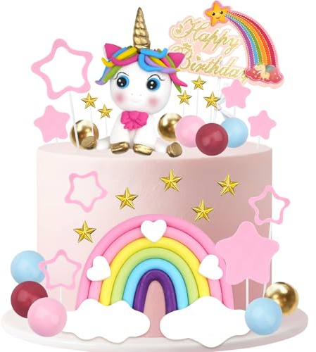 MYHOGOOD Unicorn Cake Topper, Unicorn Rainbow Cake Decorations with Rainbow Stars Balls, Happy Birthday Cupcake Decor for Girls Boys Birthday Party