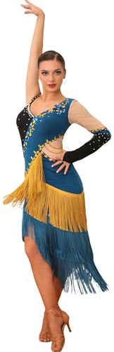ROYAL SMEELA Vestito da Latino Donna con Frange e Strass,Abito da Ballo Salsa,Abito da Ballo Latina in Blu,Vestiti Danza Tango Samba Rumba