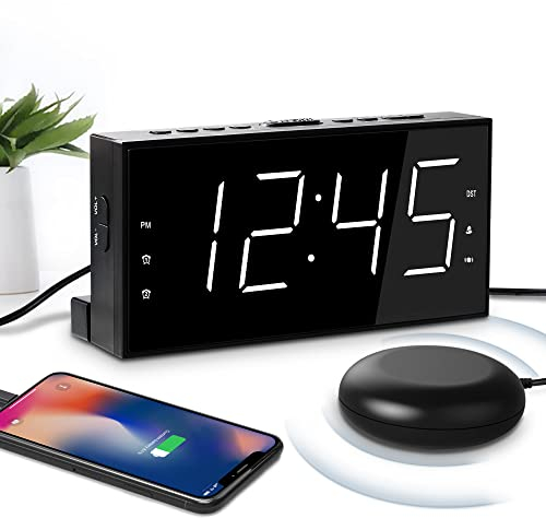 Mesqool Digitaler Wecker, Lauter Vibrationswecker mit Bettschüttler, Wecker Laut für Tiefschläfer, Doppelalarm, USB-Ladegerät, Großes Display, Einfach Einzustellen, Sommerzeit 12/24H,Dimmer