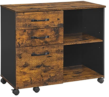VASAGLE Rollcontainer, Aktenschrank, mit 3 Schubladen und Rollen, offene Fächer, für Dokumente in DIN A4-, Letter-Format, Druckerständer, Industrie-Design, vintagebraun-schwarz OFC041B01