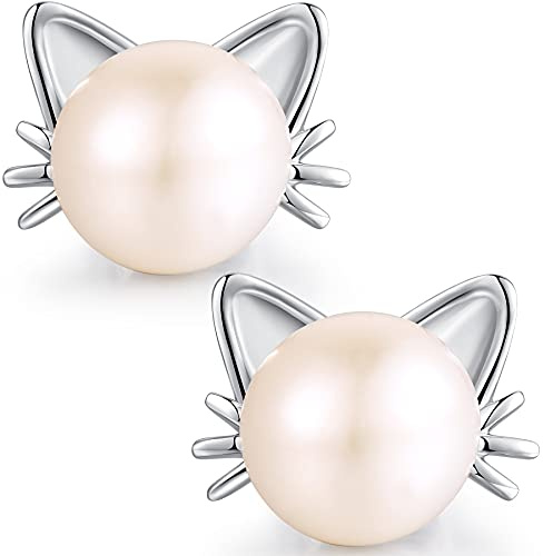 Miaofu Katzenohrringe, Perlenohrringe aus 925er Sterlingsilber, vergoldet mit Weißgold, 18 Karat, Katze Geschenk für Katzenliebhaber