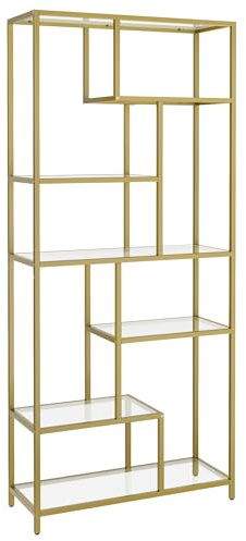 VASAGLE Bookshelf, 6-Tier Tall Bookcase, Plant Stand, Display Shelf, 30 x 80 x 180 cm, Tempered Glass, for Study, Office, Living Room, Bedroom, Kitchen, Metallic Gold LGT502A01