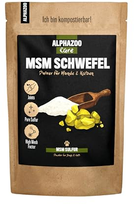 alphazoo MSM Poudre pour chien et chat 250 g I 99,9 % pur I Soufre organique sans additifs I méthylsulfonylméthane pour articulations, tendons et ligaments I Poudre articulaire naturelle pour la
