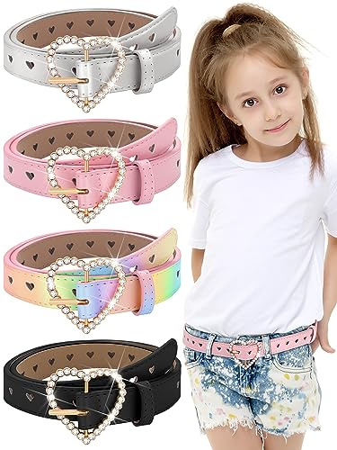 Newcotte 4 Pcs Girls Belt Kids Leather Waist Belt Rhinestone Heart Metal Buckle(18-22 Inch,Black, Rainbow, Silver, Pink)