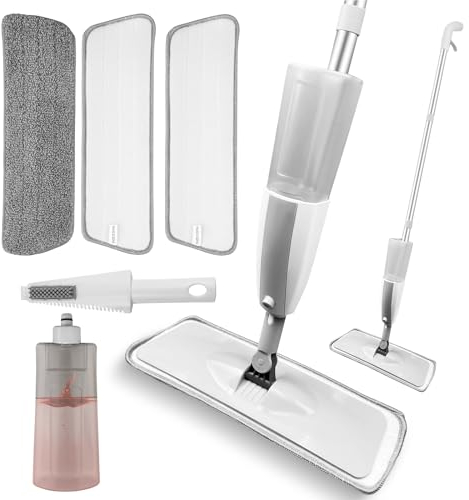 Dunkwckore Mocio Lavapavimenti a Spruzzo, Scopa Lavapavimenti con 3 Panni in Microfibra e 1 Pennello e Bottiglia Ricaricabile 410ml, Mop Lavapavimenti per Pulizia di Legno, Ceramica, Umido e Asciutto