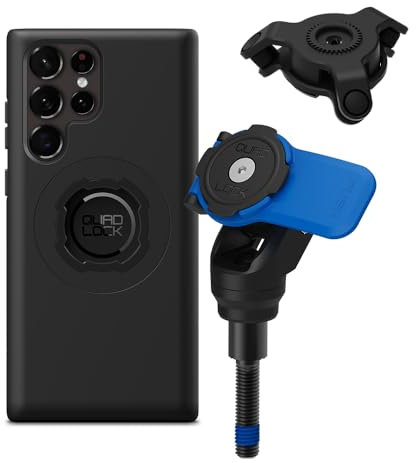 Quad Lock Motorcycle Handlebar Clamp Bolt Phone Mount Kit with Vibration Dampener and Galaxy S22 Ultra MAG Case
