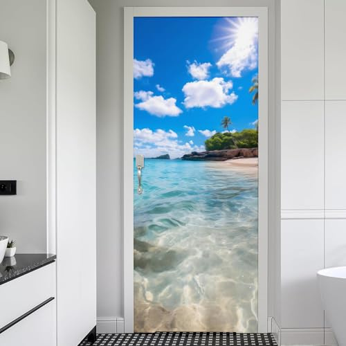 REDAMANCY Sunshine Island Beach Seashore Landscape Peel and Stick Door Stickers Vinyl 3D Door Mural Decals Decor Modern Door Wallpaper Self-Adhesive, Waterproof, Removable