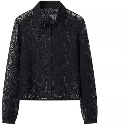 TOSHIKII Blusa de encaje de manga larga para mujer, color negro, transparente, con encaje floral, malla con botones, ropa interior, 10, M