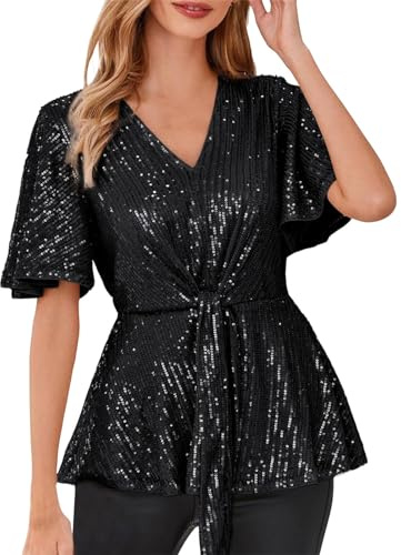 IQYU Top da donna con paillette, colore rosa, con brillantini, per feste, colore bianco, camicetta da donna, a maniche corte, scollo a V, camicetta elegante, con cintura, camicetta lunga per feste,